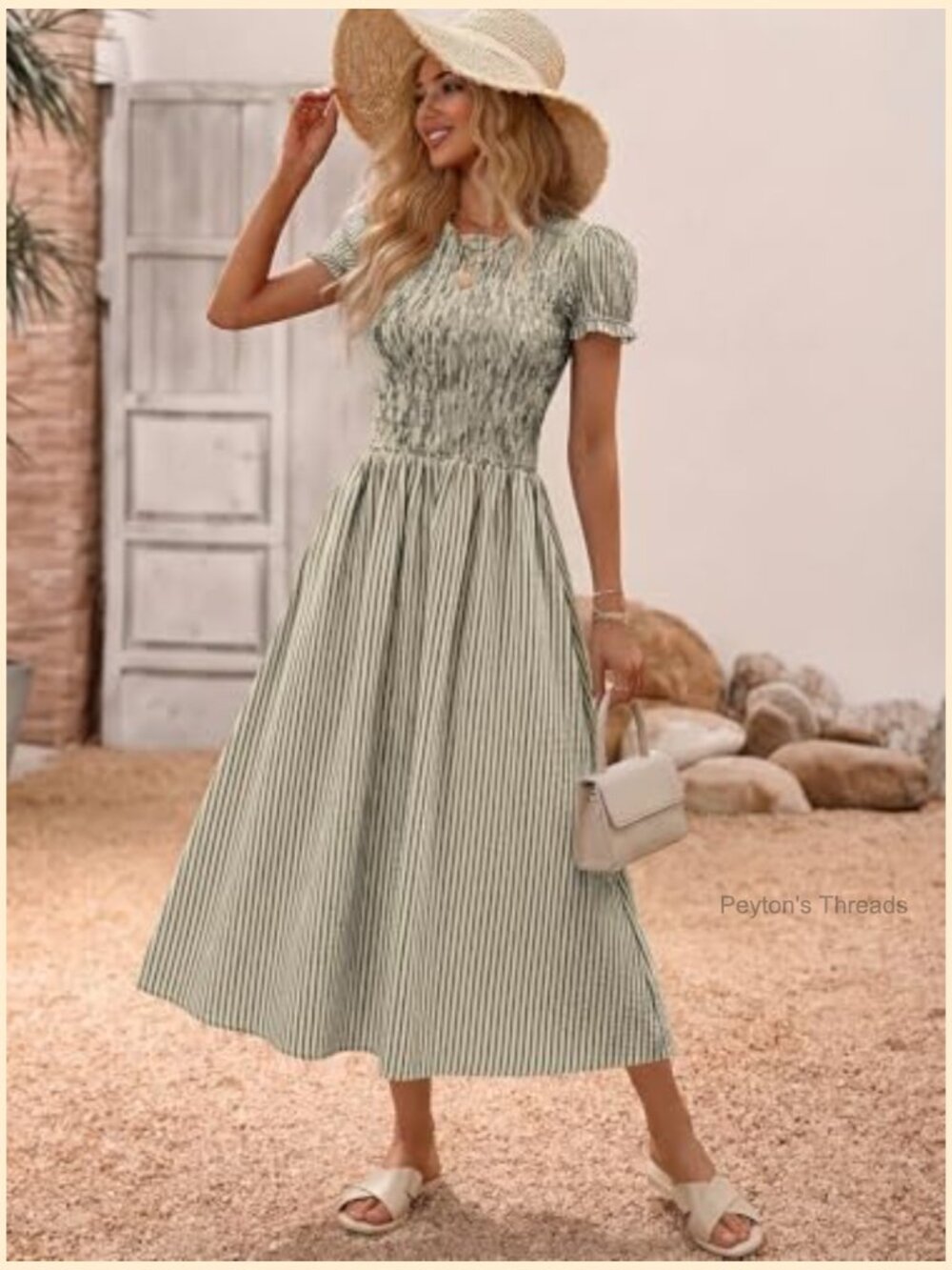Smocked Midi Dress with Puff Short Sleeves and Striped Pattern - Picture 3 of 7